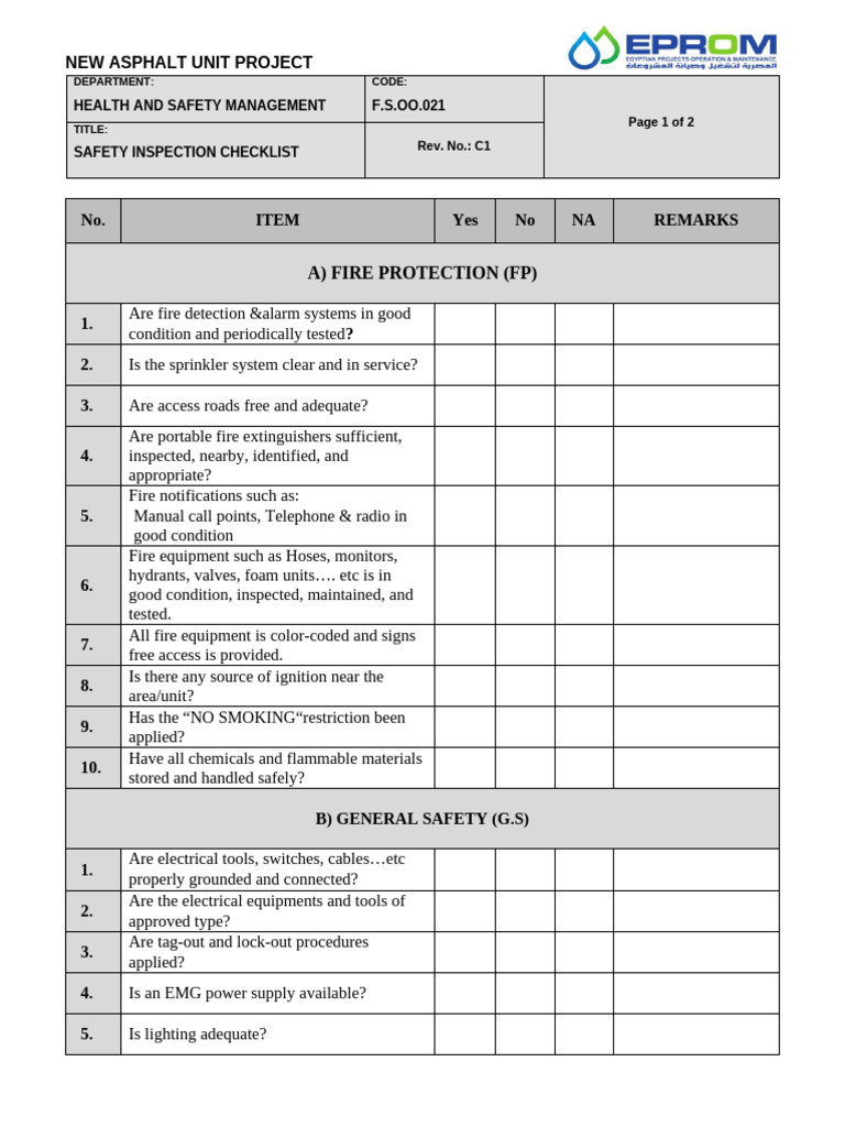 Asphalt Unit Safety Inspection Checklist | PDF | Fire Sprinkler System ...