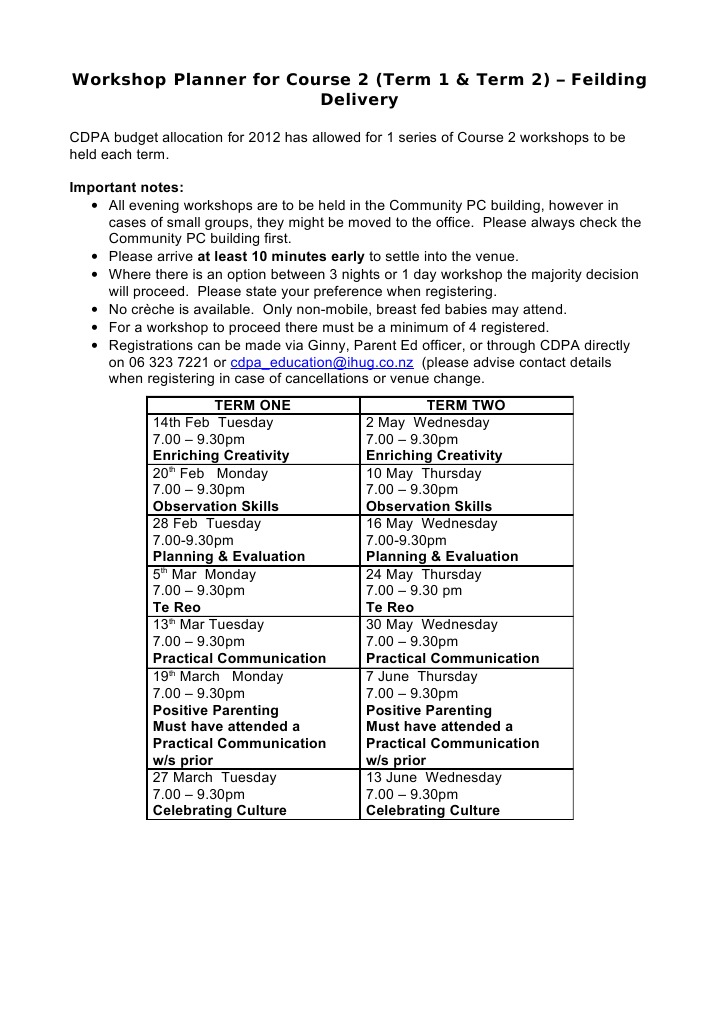 Workshop Planner For Course 2 Term 1 2 2012 | PDF