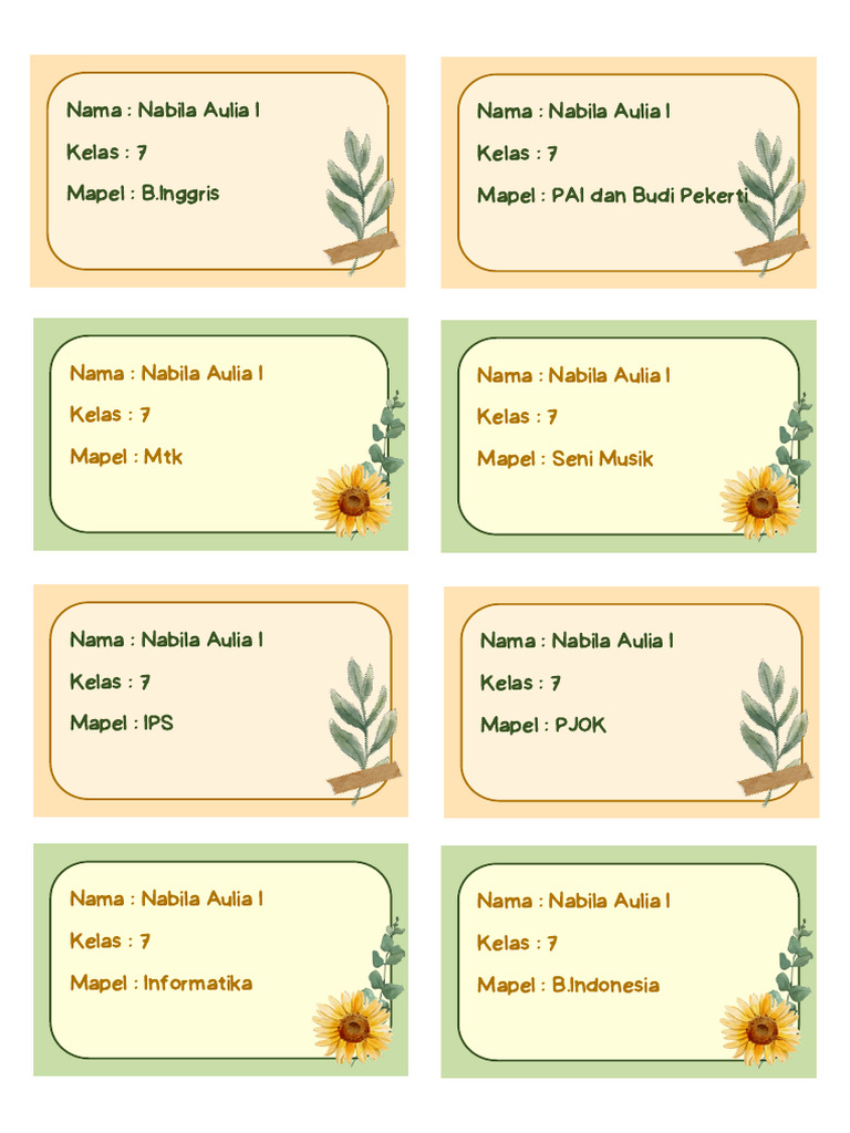 Hijau Kuning Simpel Estetik Label Nama Buku Pelajaran Dokumen ...