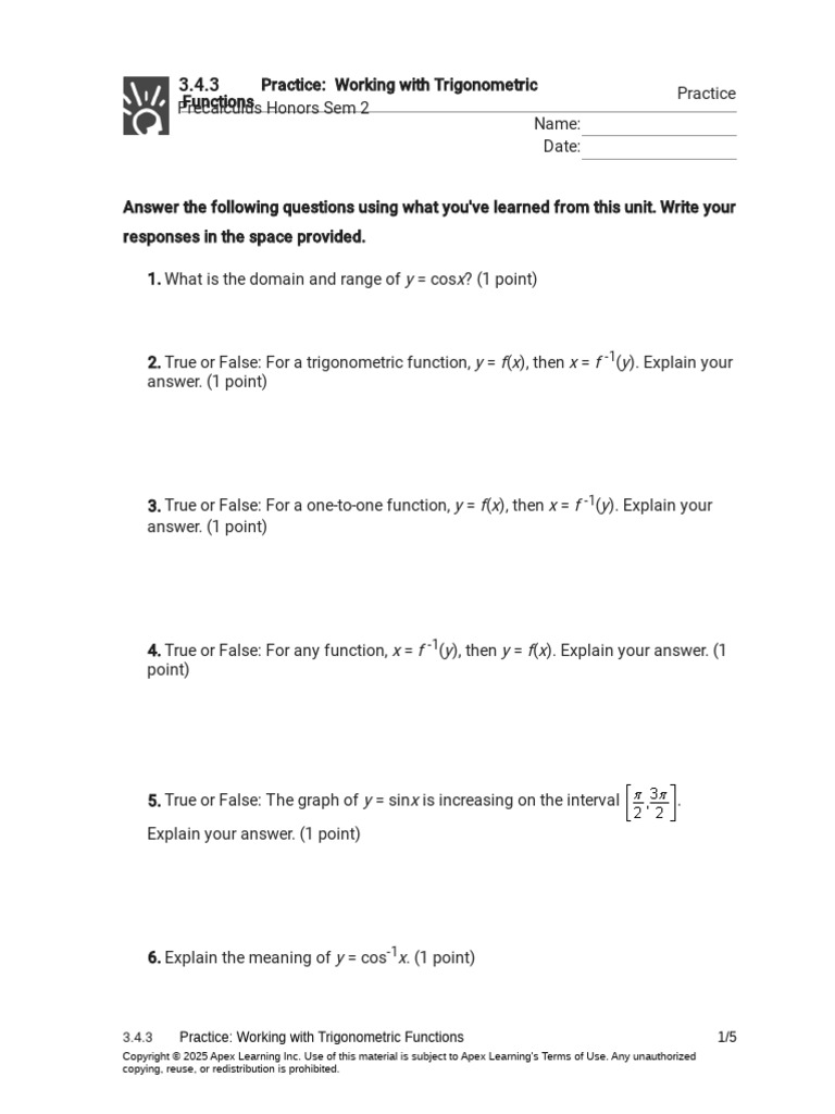 Trigonometric Functions Practice 3.4.3 | PDF | Oscillation | Mathematics