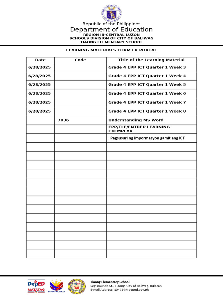 Tiaong Elementary School Learning Materials | PDF
