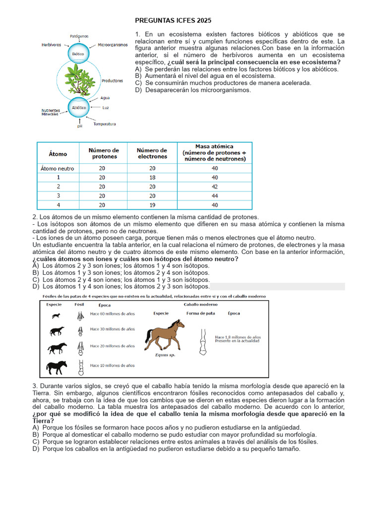 Preguntas ICFES 2025 sobre Ecología y Biología | PDF | Átomos | Isótopo
