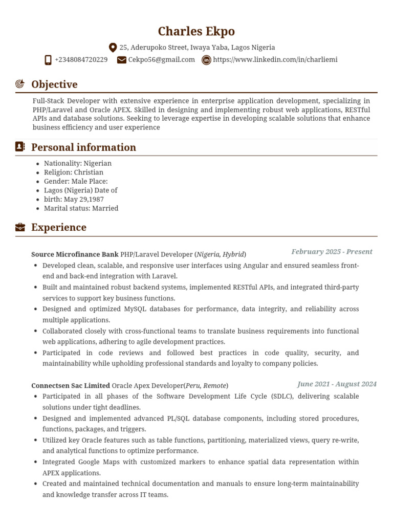 Full-Stack Developer Resume: PHP & Oracle APEX | PDF | Databases | My Sql
