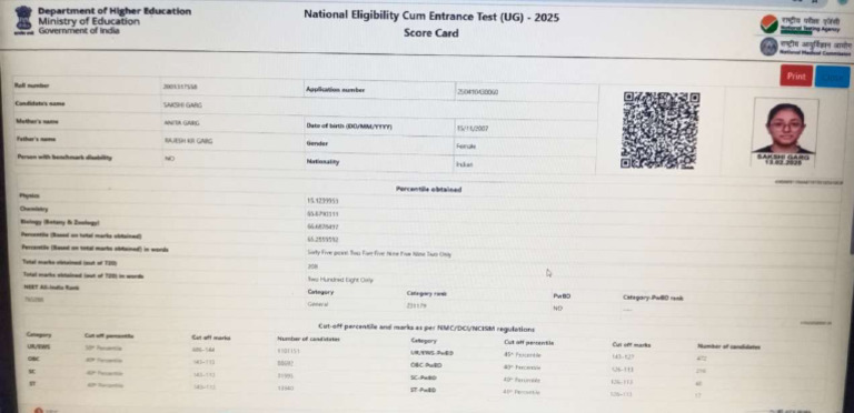 Neet Score Card - Compressed | PDF | Educational Stages | Standardized ...