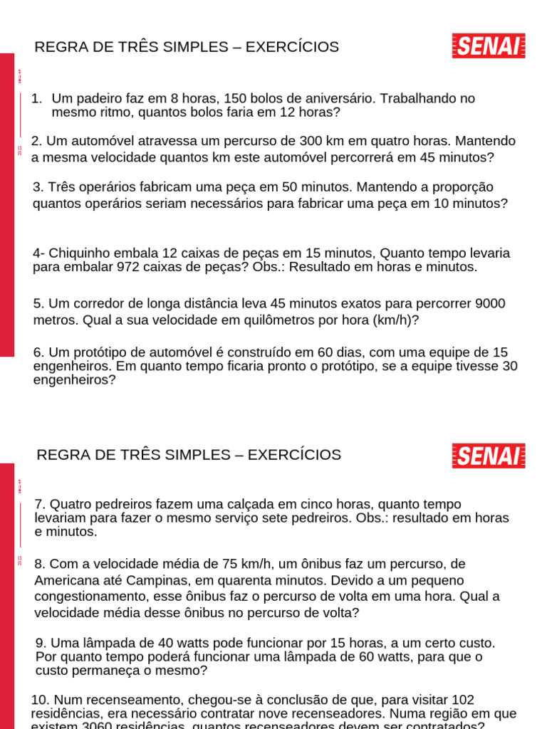 Regra de Tres Simples - Exercícios | PDF