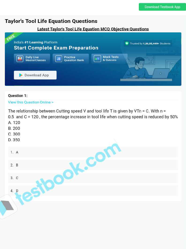 MCQ On Taylors Tool Life Equation 5eea6a0d39140f30f369e2c6 | PDF