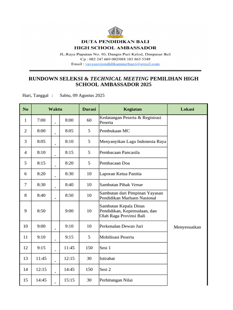 Rundown Seleksi Dan Technical Meeting | PDF