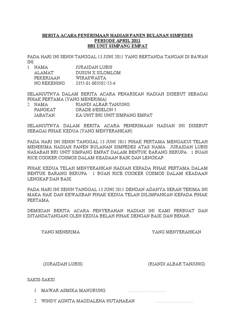 Berita Acara Penerimaan Hadiah Panen Bulanan Simpedes Periode April 2011 Bri Unit Simpang Empat Pada