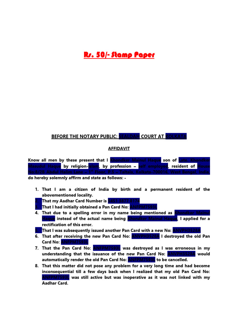 PAN Card Surrender Affidavit Format | PDF