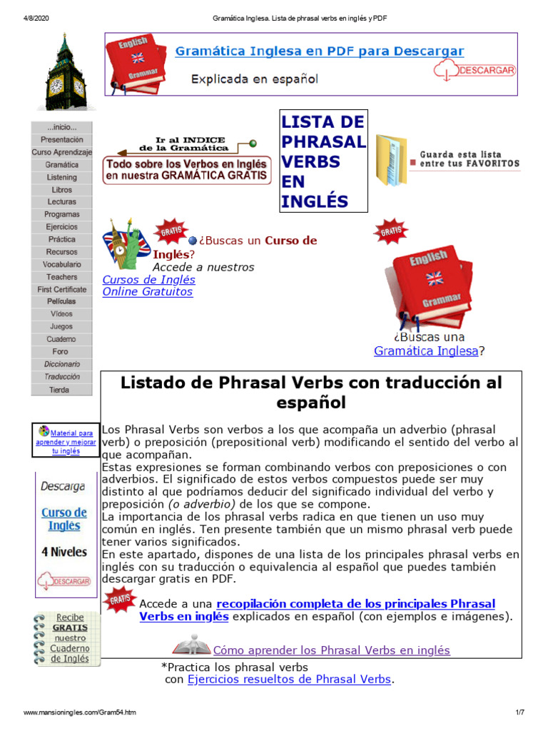 Lista de Phrasal Verbs en Inglés | PDF | Gramática inglesa | Semántica ...