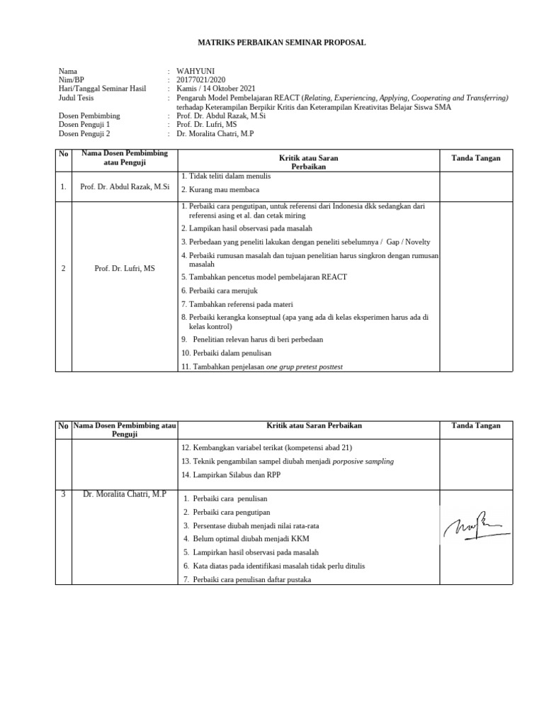 Matriks Perbaikan Proposal Tesis Wahyuni | PDF