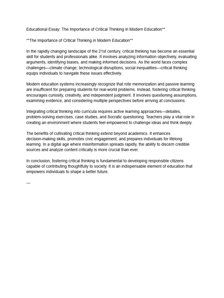 Educational Essay - The Importance of Critical Thinking in Modern ...
