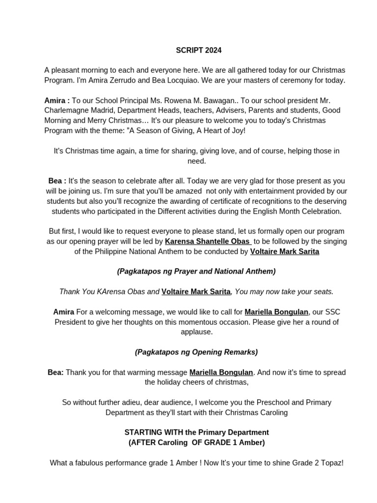 Christmas Convocation Script | PDF