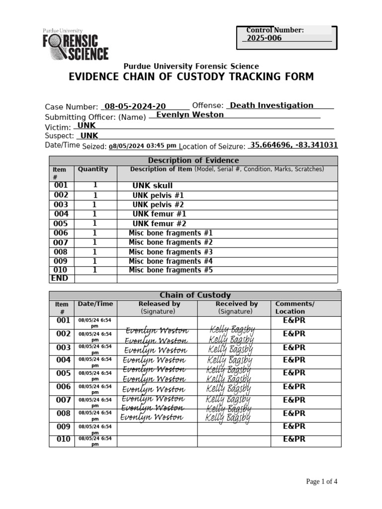 Purdue Evidence Chain of Custody Form | PDF | Evidence | Criminal Justice