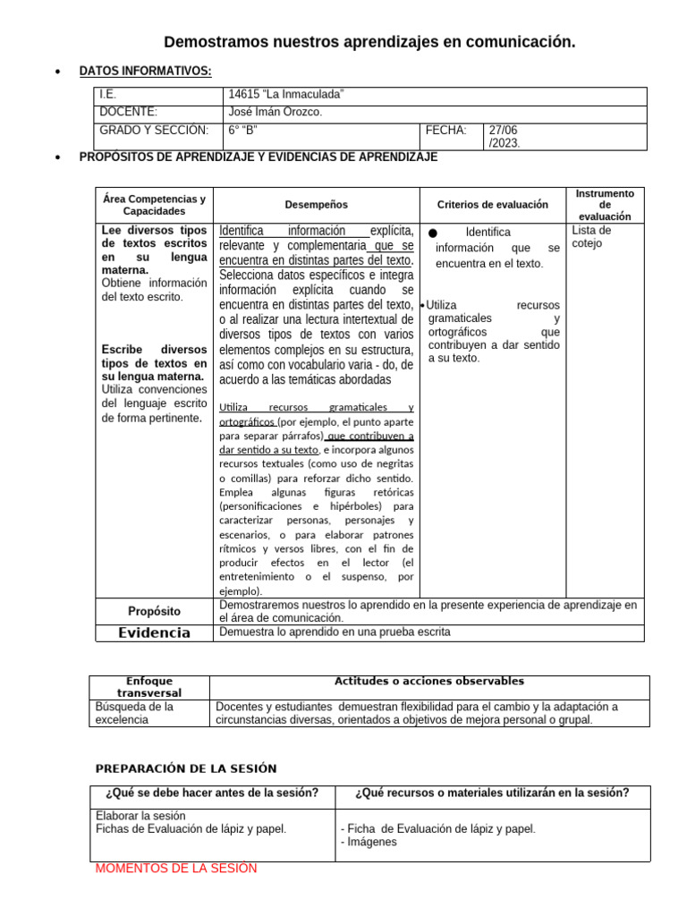 Aprendizajes en Comunicación 6° B | PDF | Evaluación | Aprendizaje