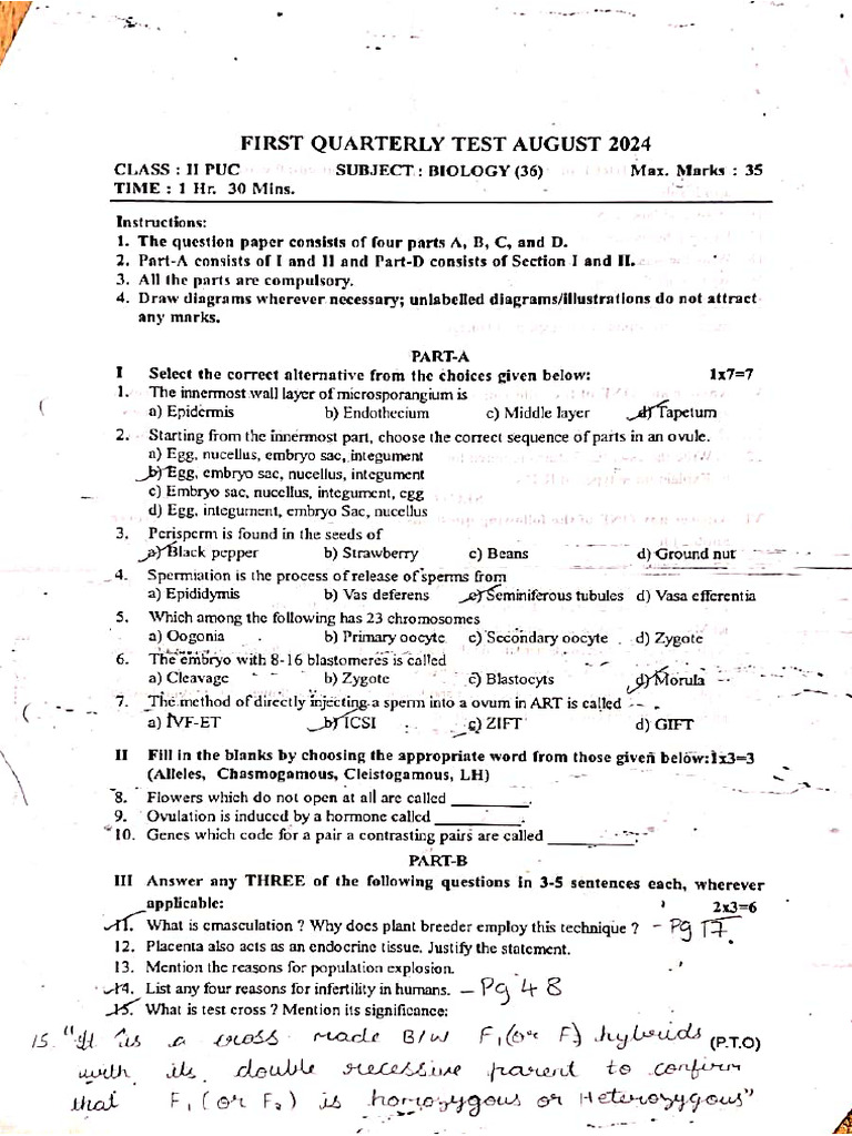II Puc Biology Qp Pattern | PDF