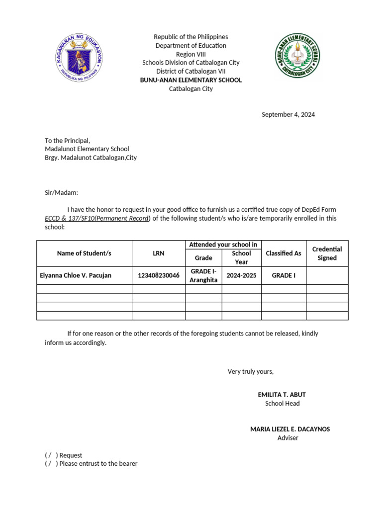 Request for DepEd Form 137 Records | PDF | Government | Public ...