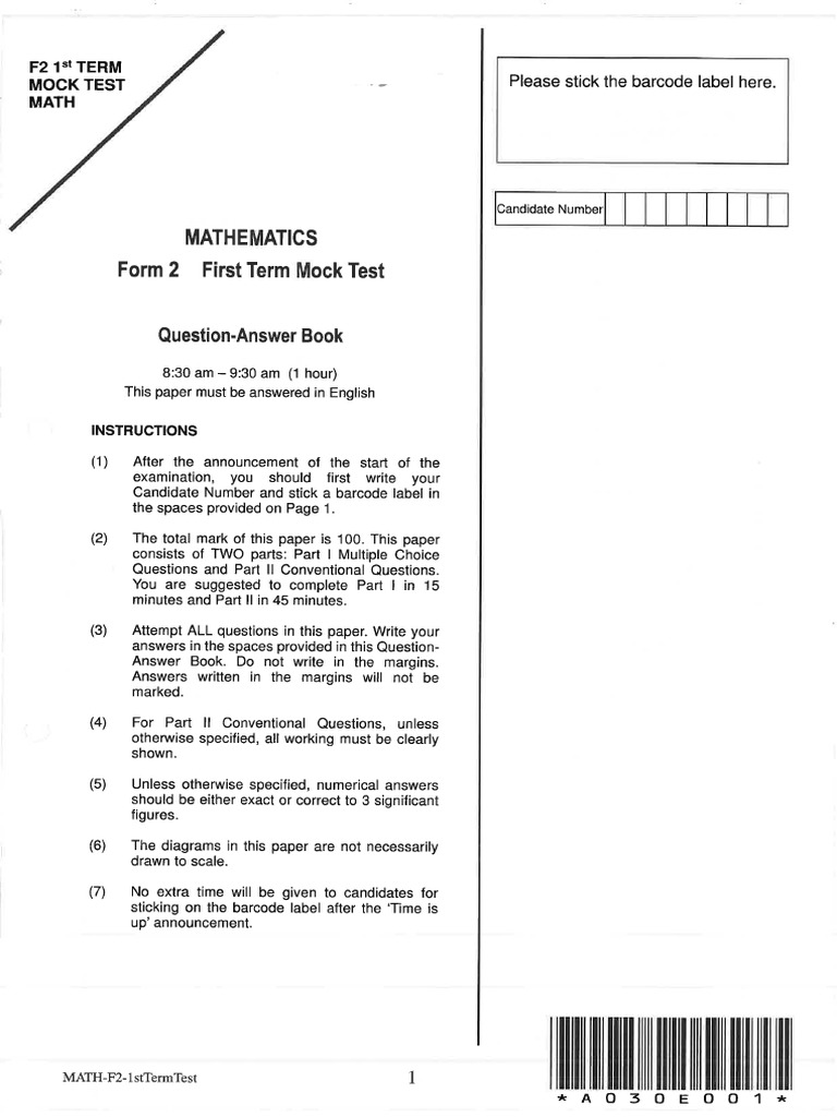 Maths F2 1st Term Mock Test | PDF