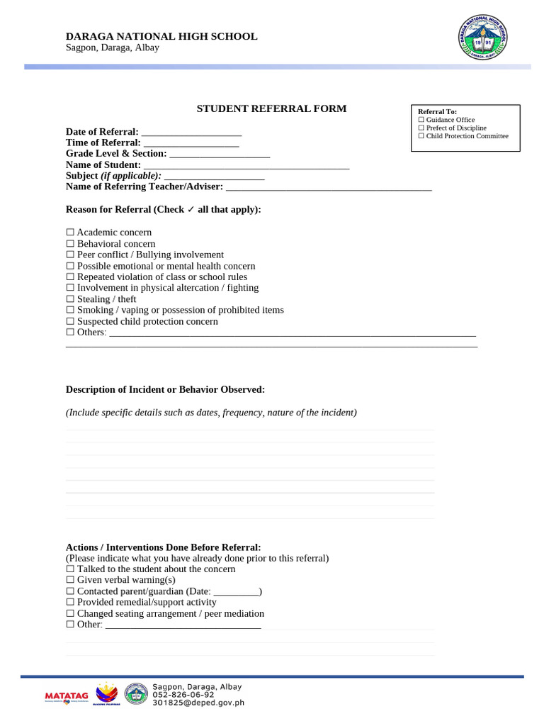 Student Referral Form for Daraga High School | PDF