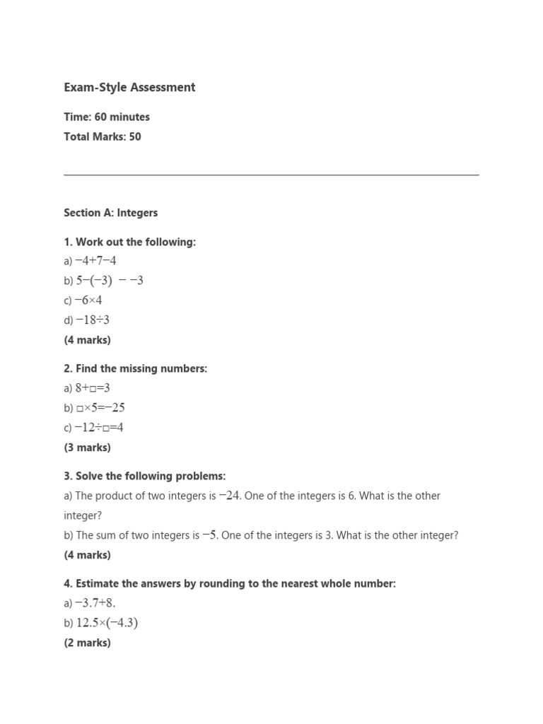 Integers and Expressions Assessment | PDF