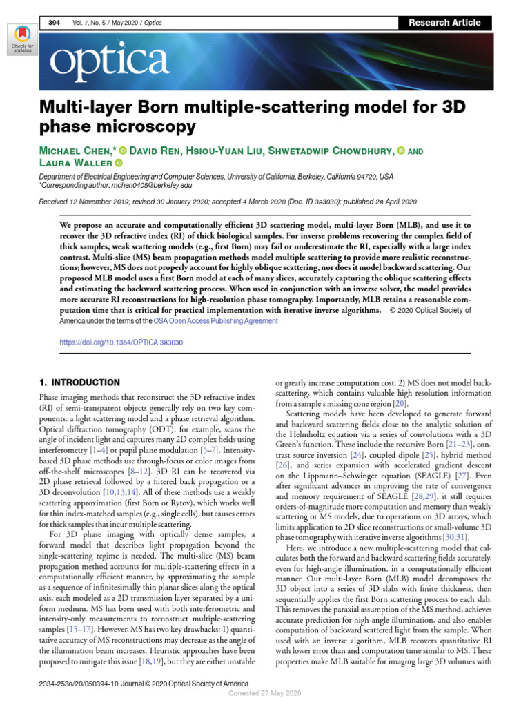 Multi-Layer Born Model for 3D Microscopy | PDF | Scattering | Optics