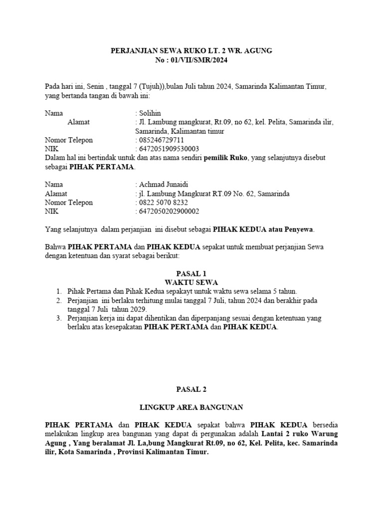 Perjanjian Sewa Ruko Samarinda 2024 | PDF