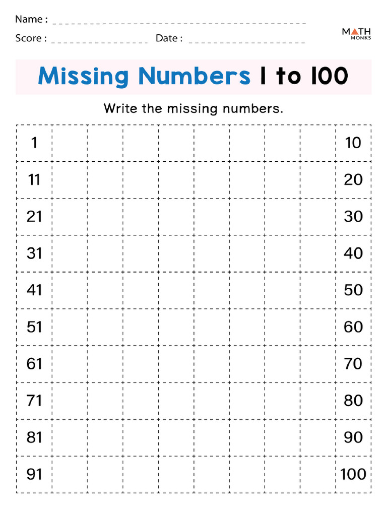 Missing Numbers Worksheet 1 100 | PDF