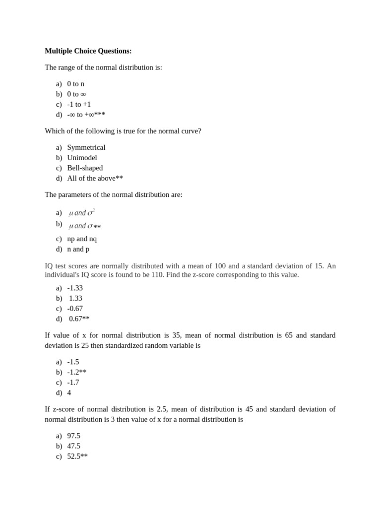 Normal Distribution MCQs and Solutions | PDF | Normal Distribution ...