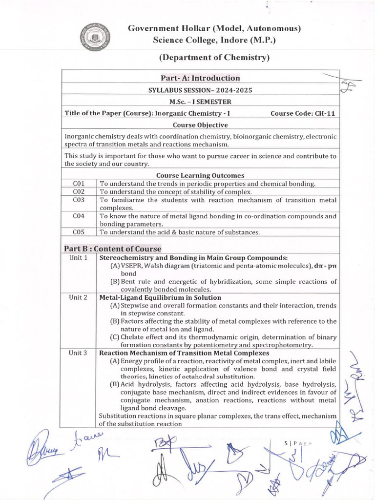 MSC 1 sEMESTER Syllabus CHEMISTRY | PDF