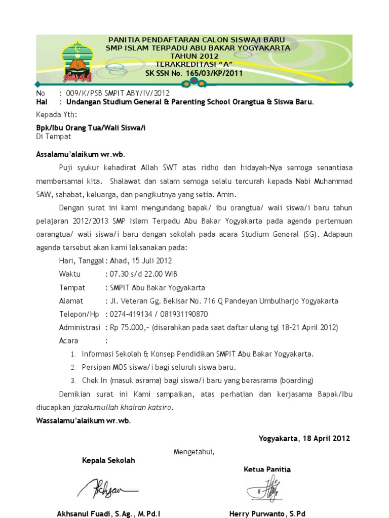 Surat Undangan Stadium General Sg Wali Murid Siswa Baru