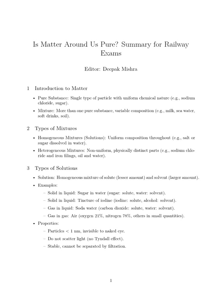 Is Matter Around Us Pure? Summary For Railway Exams: Editor: Deepak ...