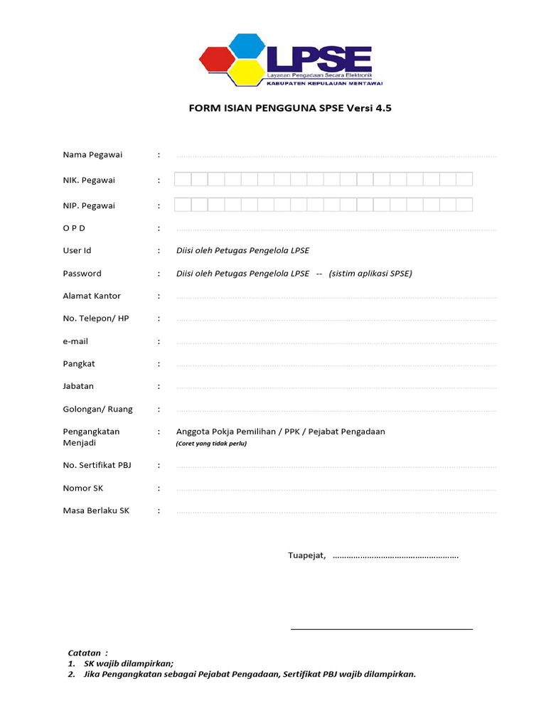 Formulir Pengguna SPSE Versi 4.5 | PDF