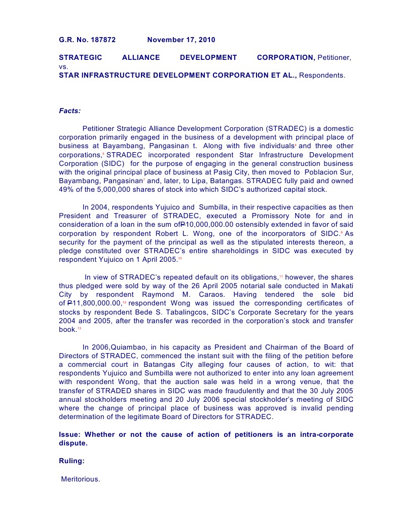 Intra-Corporate Dispute: STRADEC vs. SIDC | PDF | Jurisdiction ...