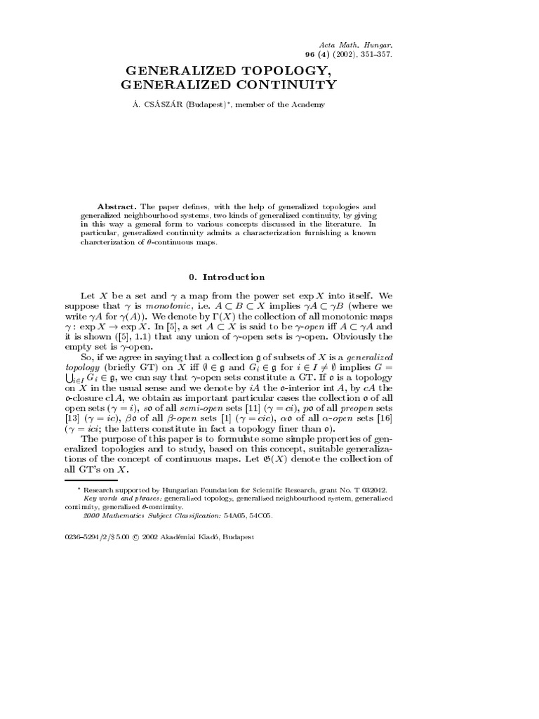Generalized Topology, Generalized Continuity | PDF