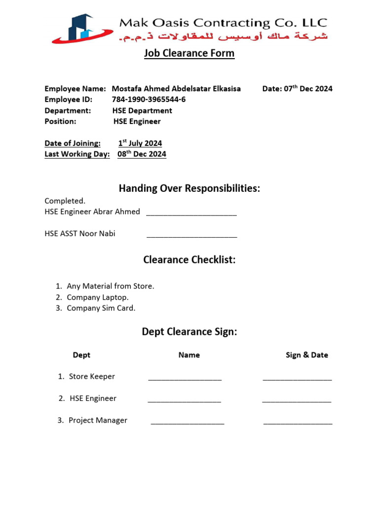 Job Clearance Form for HSE Engineer | PDF