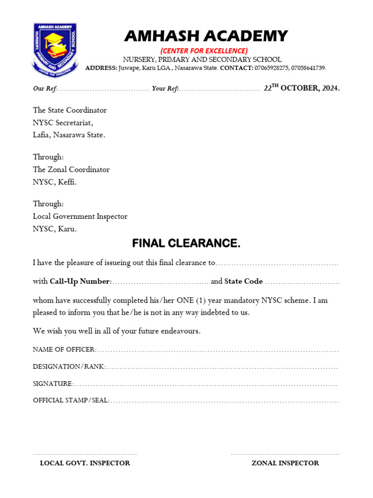 NYSC Final Clearance Letter Template | PDF