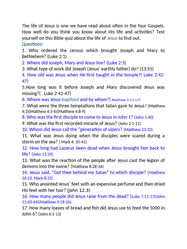 Jesus' Life: A Gospel Quiz | PDF | Jesus | Gospel Of Matthew