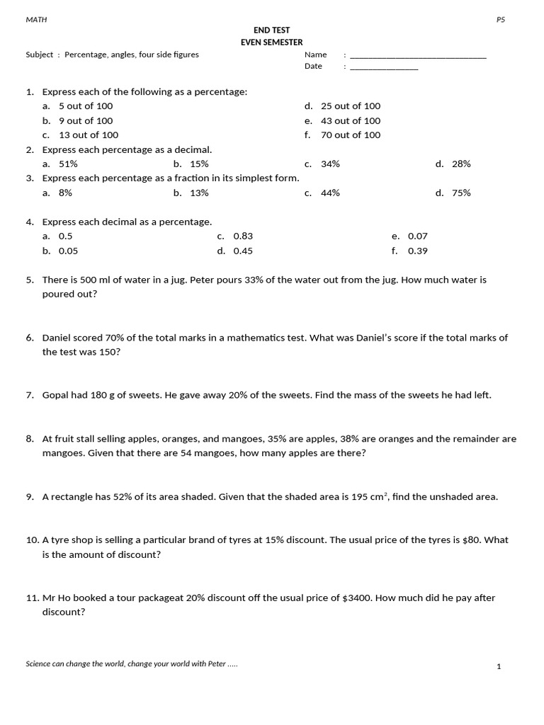 Math Test: Percentages & Angles P5 | PDF | Percentage | Euclidean Geometry