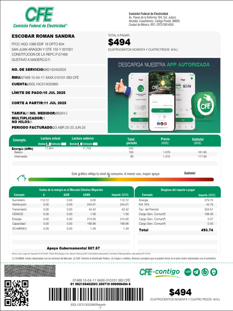 Recibo de Luz CFE 2025: Detalles y RFC | PDF