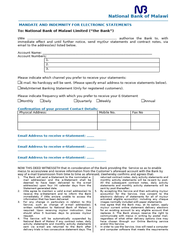 E-Statement Authorization Form - National Bank | PDF | Indemnity | Justice