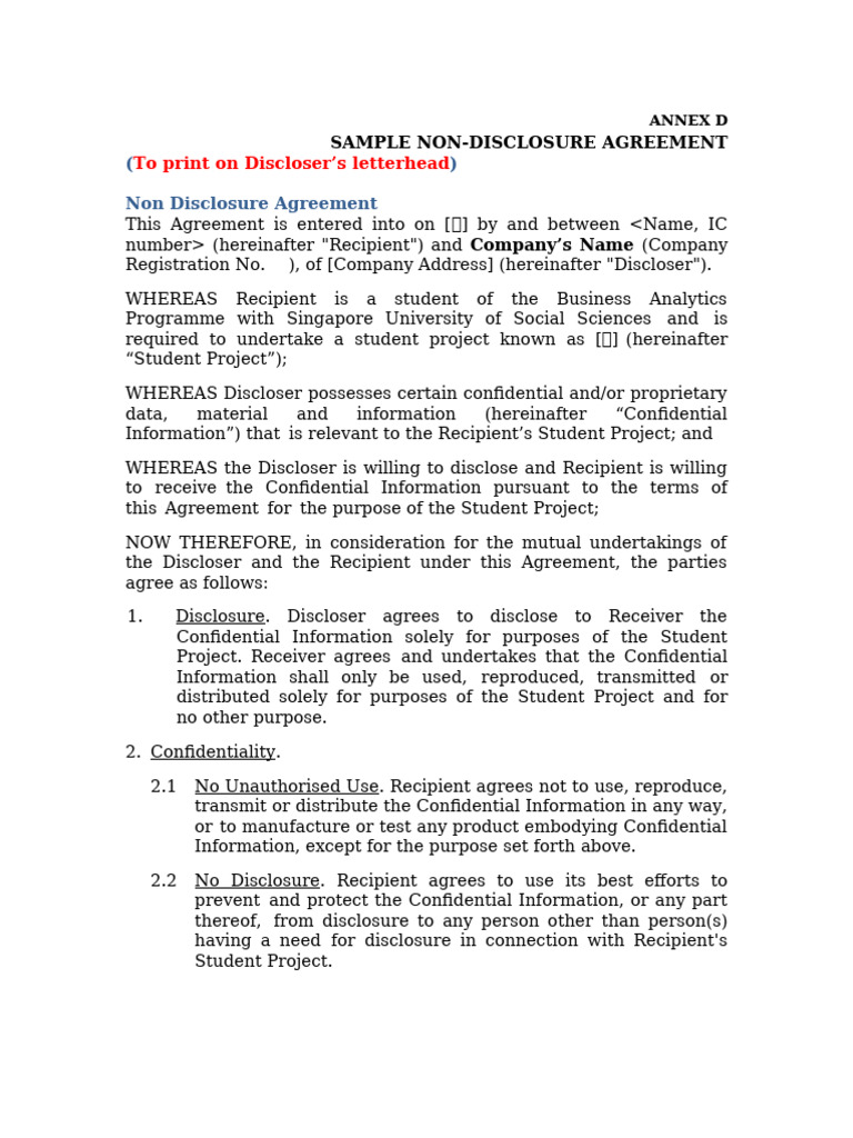 Sample Non-Disclosure Agreement Template | PDF | Non Disclosure ...