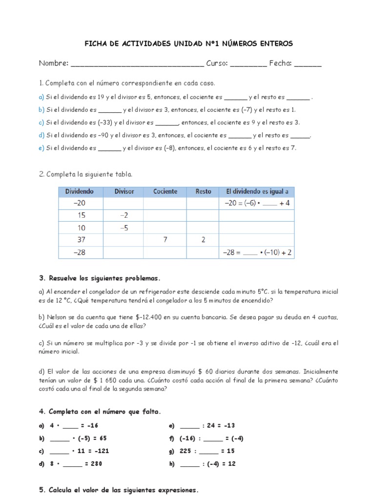 Ejercicios de Multiplicación y División Enteros | PDF