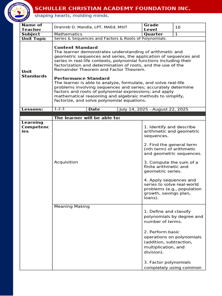 UNIT PLAN Mathematics | PDF | Factorization | Polynomial