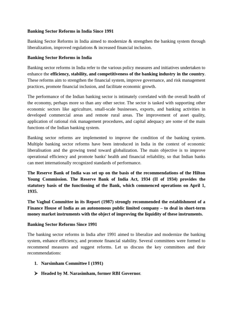 Banking Sector Reforms in India Post-1991 | PDF | Reserve Bank Of India ...