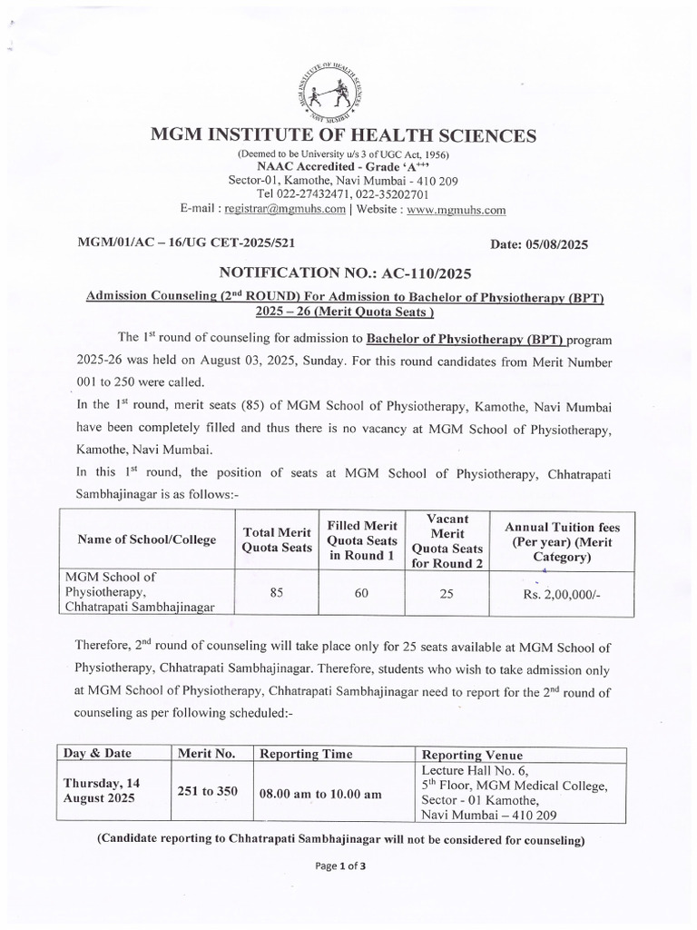 BPT Admission Counseling Notification No. 110 - 2025 | PDF