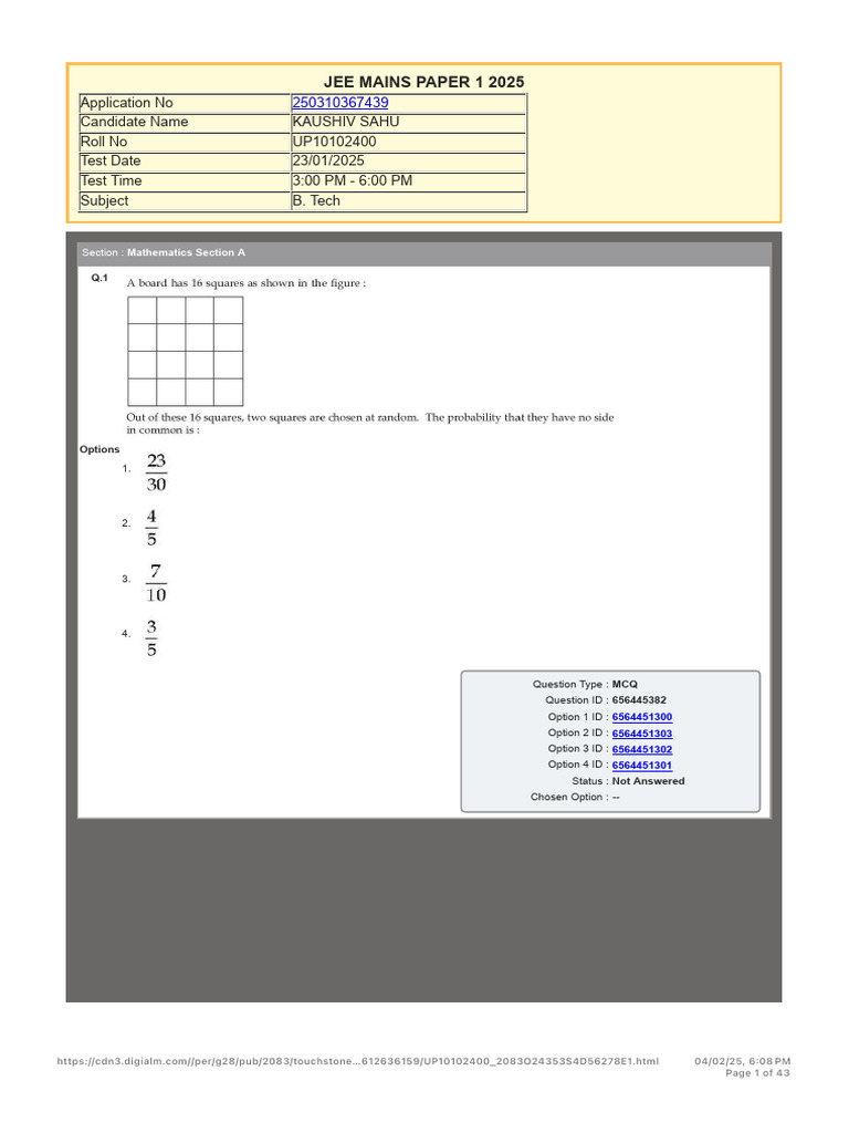 JEE Mains 2025 Mathematics MCQs | PDF | Multiple Choice | Chess Theory