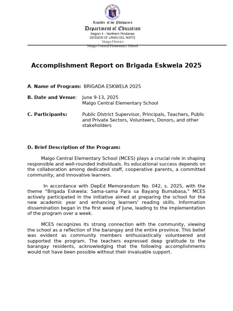 Brigada Eskwela Accomplishment Report '25 | PDF | Volunteering | Teachers