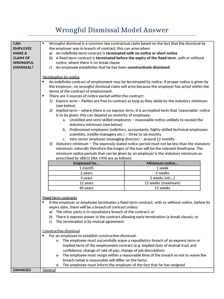 Wrongful Dismissal Model Answer 2014 | PDF | Employment | Damages