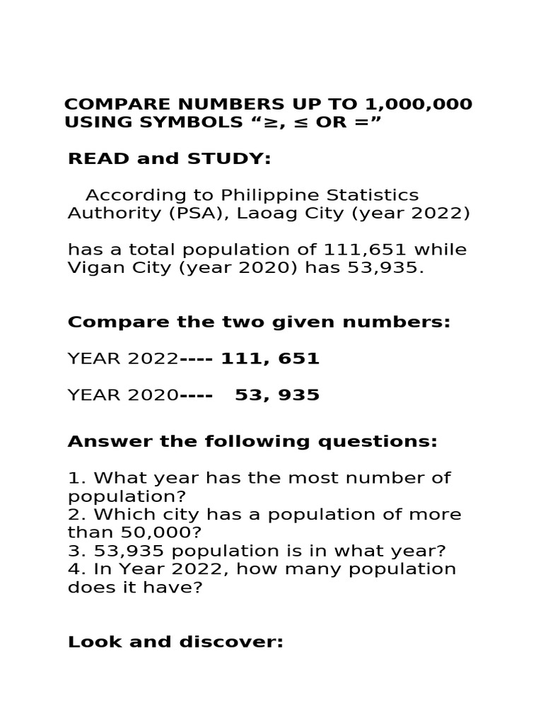 Compare Numbers Up To 1000000 | PDF