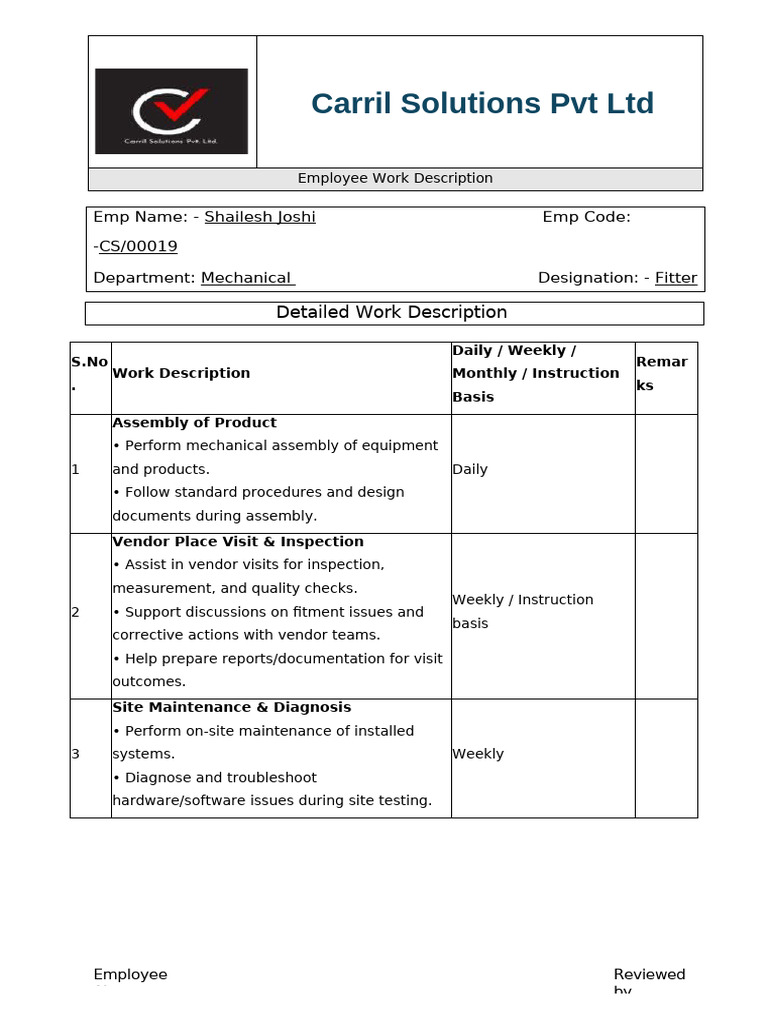 Employee Work Responsibilities at Carril | PDF